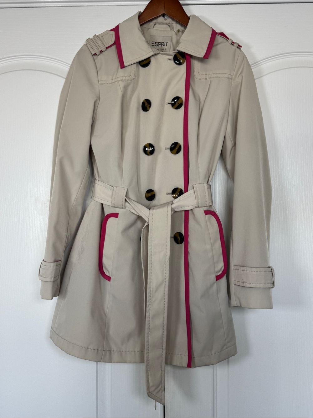 Esprit Y2K Beige Hot Pink Trim Belted Double Breasted Trench Coat Small - Picture 2 of 14